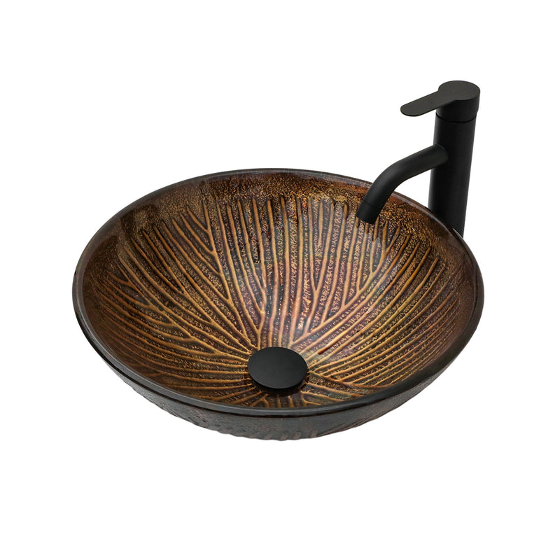 Feather Pattern Amber Vessel Sink With Pop Up Drain, Oval Bathroom Basin - Amber