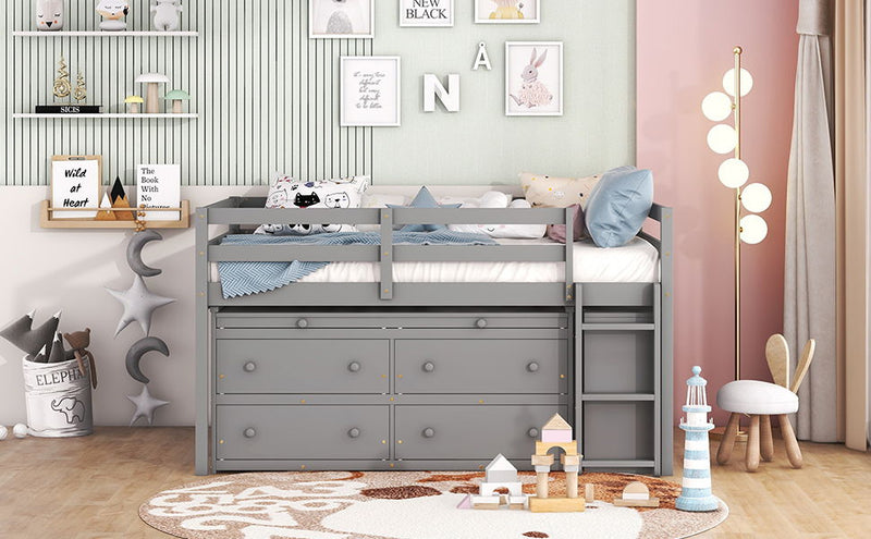 Loft Bed With Retractable Writing Desk And 4 Drawers, With Lateral Portable Desk And Shelves