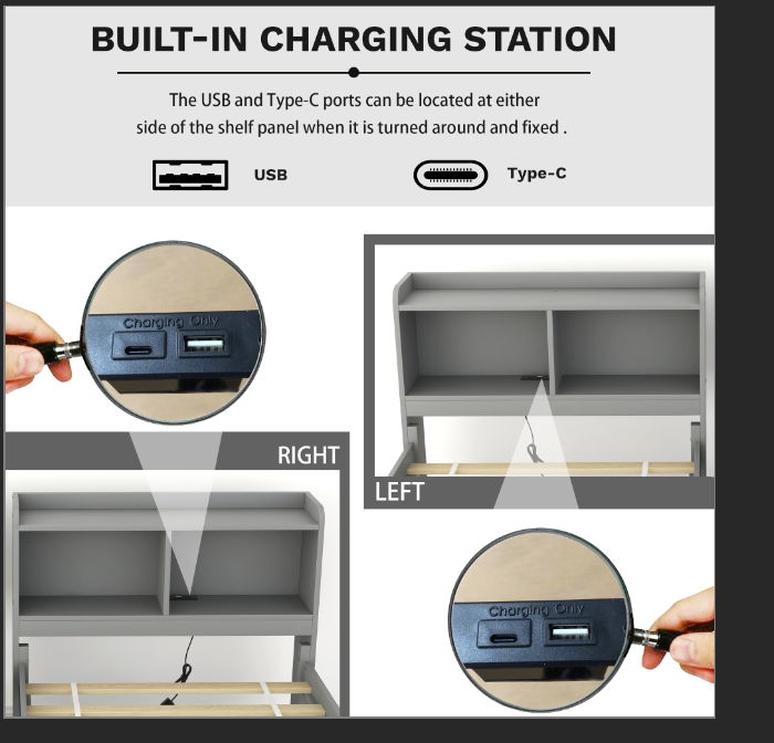 Bed With USB & Type-C Ports, LED Light, Bookcase Headboard, Trundle And 3 Storage Drawers, Bed With Bookcase Headboard, Trundle And Storage Drawers