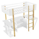 Twin Size Wood Loft Bed With Built-in Storage Cabinet and Cubes, Foldable desk, White