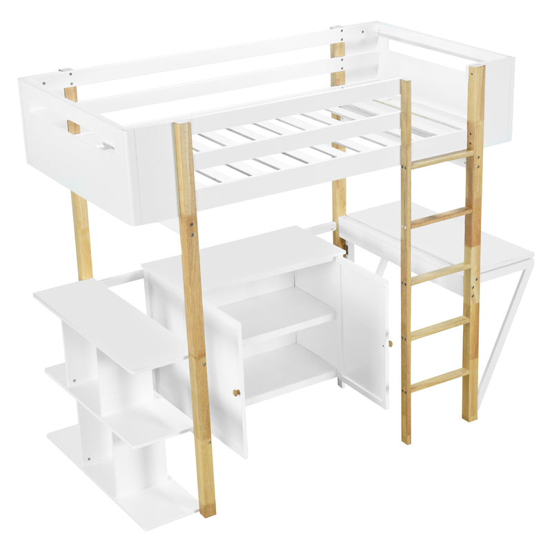 Twin Size Wood Loft Bed With Built-in Storage Cabinet and Cubes, Foldable desk, White