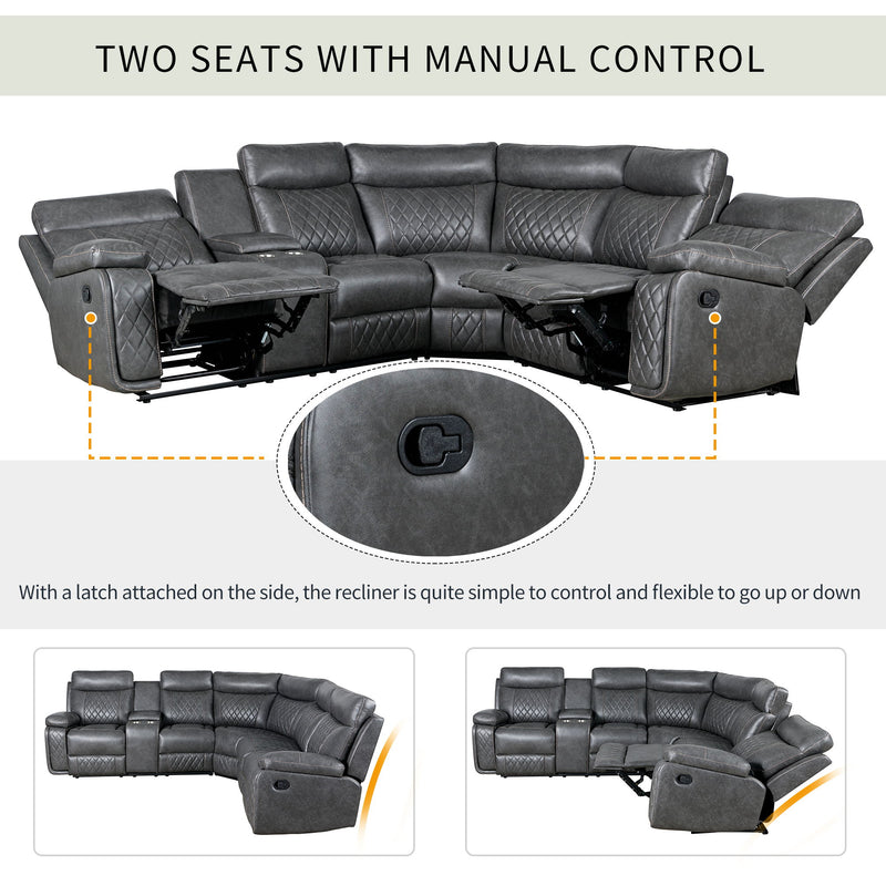 Home Theater Seating Manual Recliner With Cup Holder, Hide-Away Storage PU Reclining Sofa For Living Room, Home Theater, Gray