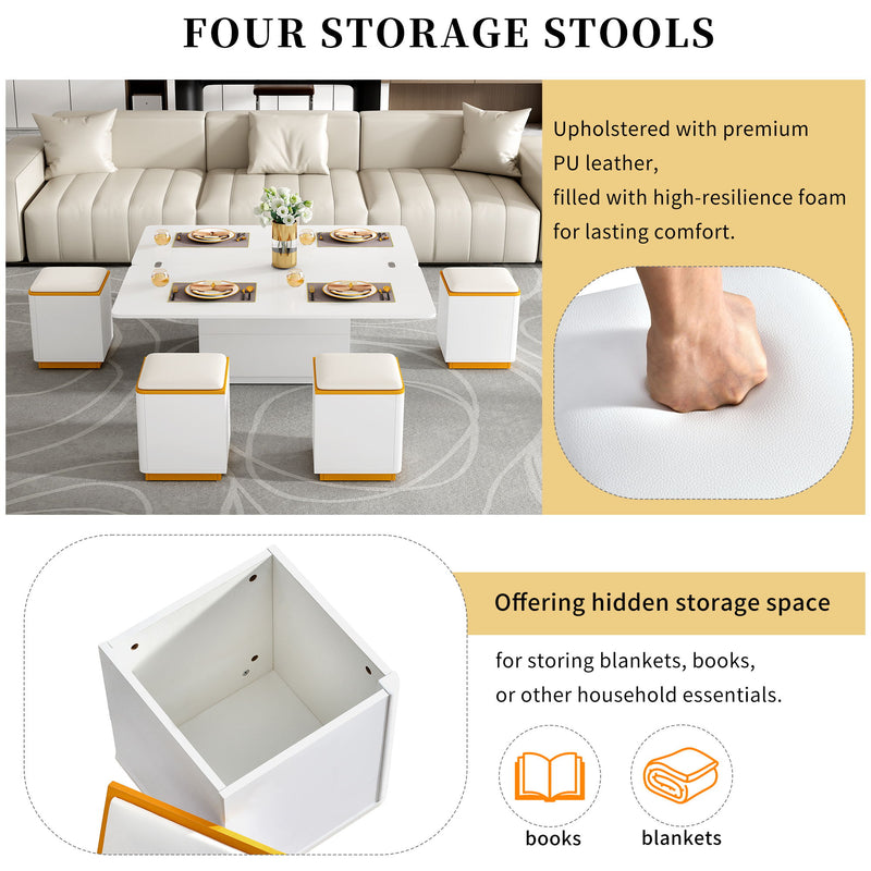 Lift Top Coffee Table With 4 Storage Stools
