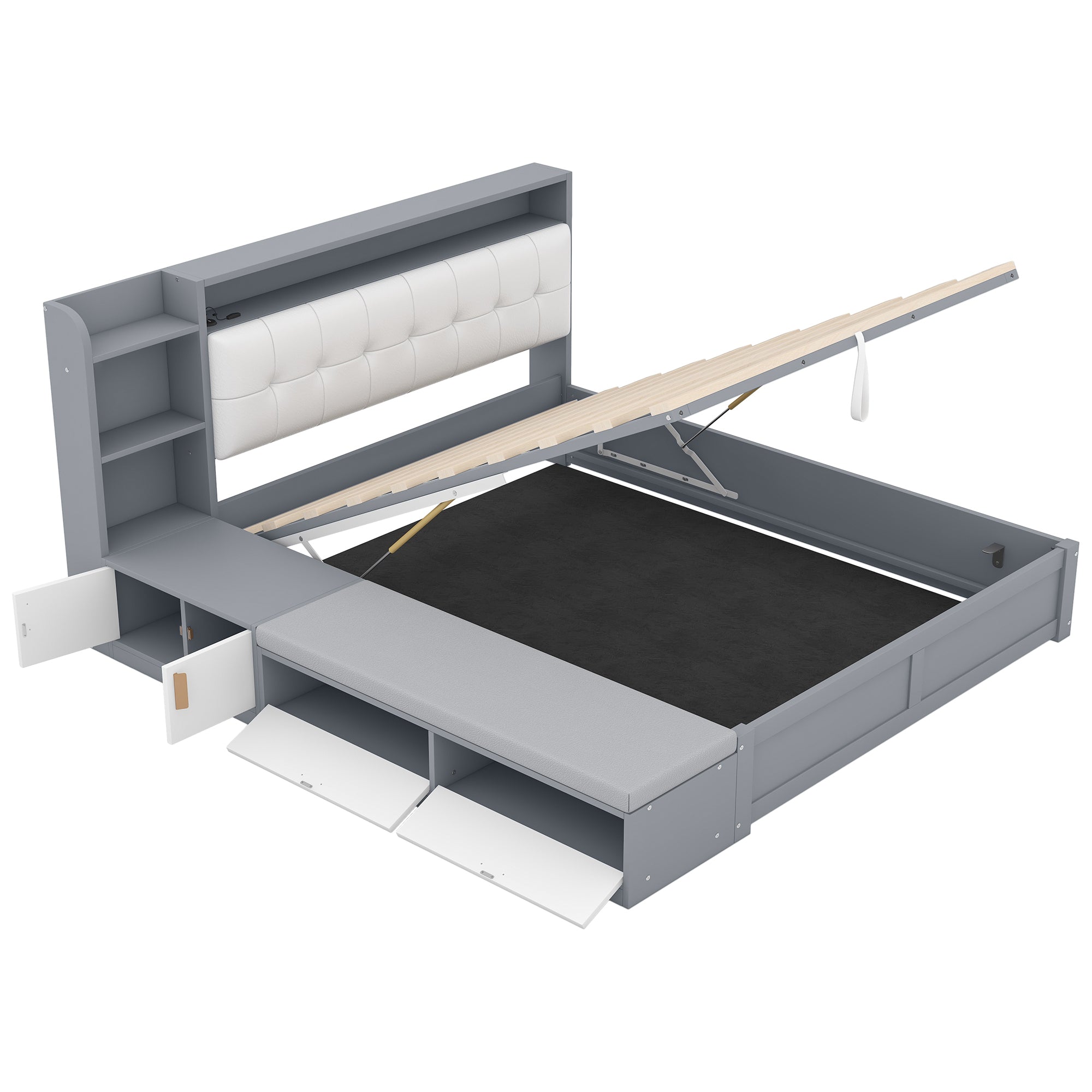 Queen Size Platform Bed Frame with Upholstery Headboard and Storage Shelves and,USB Charging,Gray - Atlantic Fine Furniture Melbourne FL