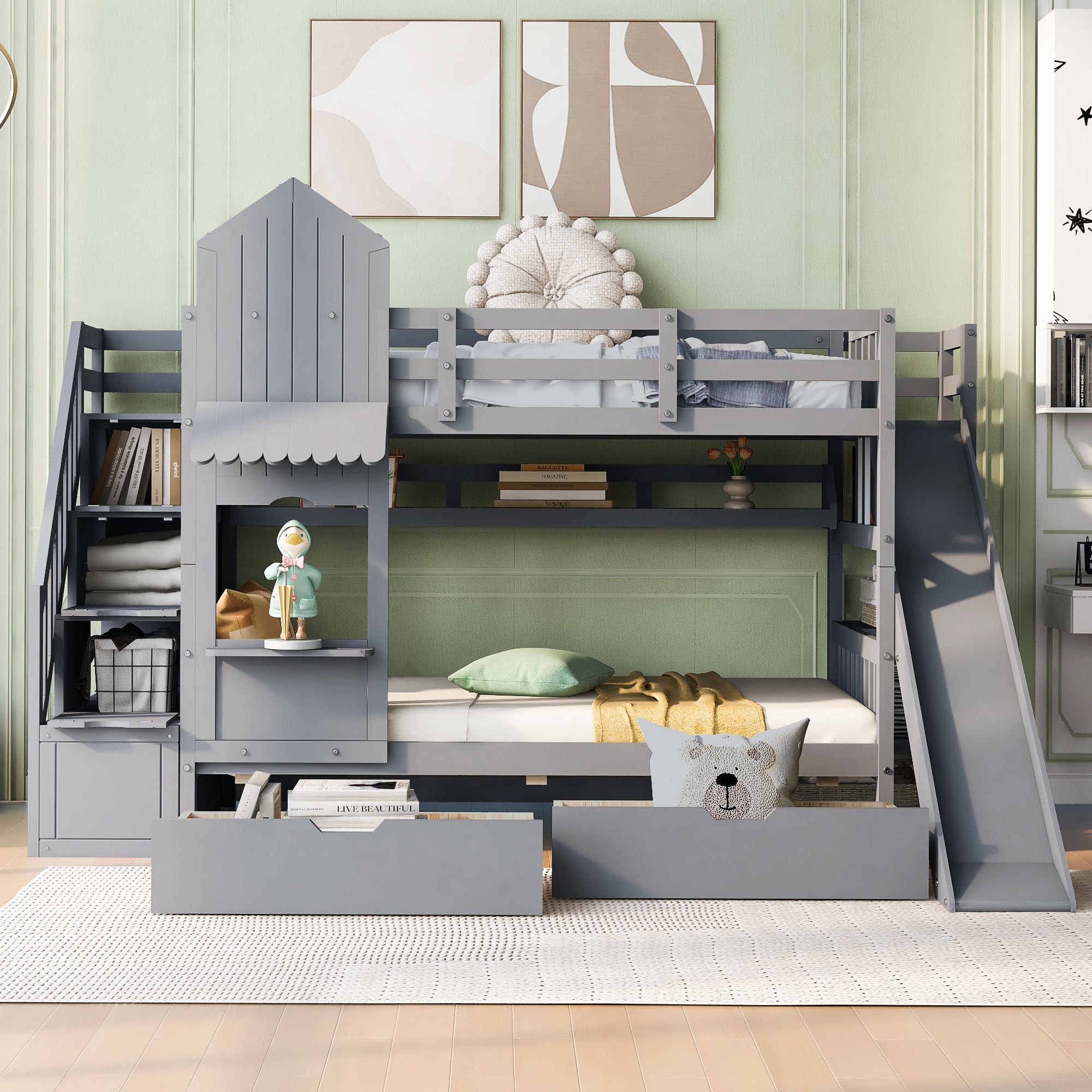 Twin-Over-Twin Castle Style Bunk Bed with 2 Drawers 3 Shelves and Slide - Gray - Atlantic Fine Furniture Melbourne FL