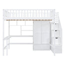 Full size Loft Bed with Bookshelf,Drawers,Desk,and Wardrobe-White