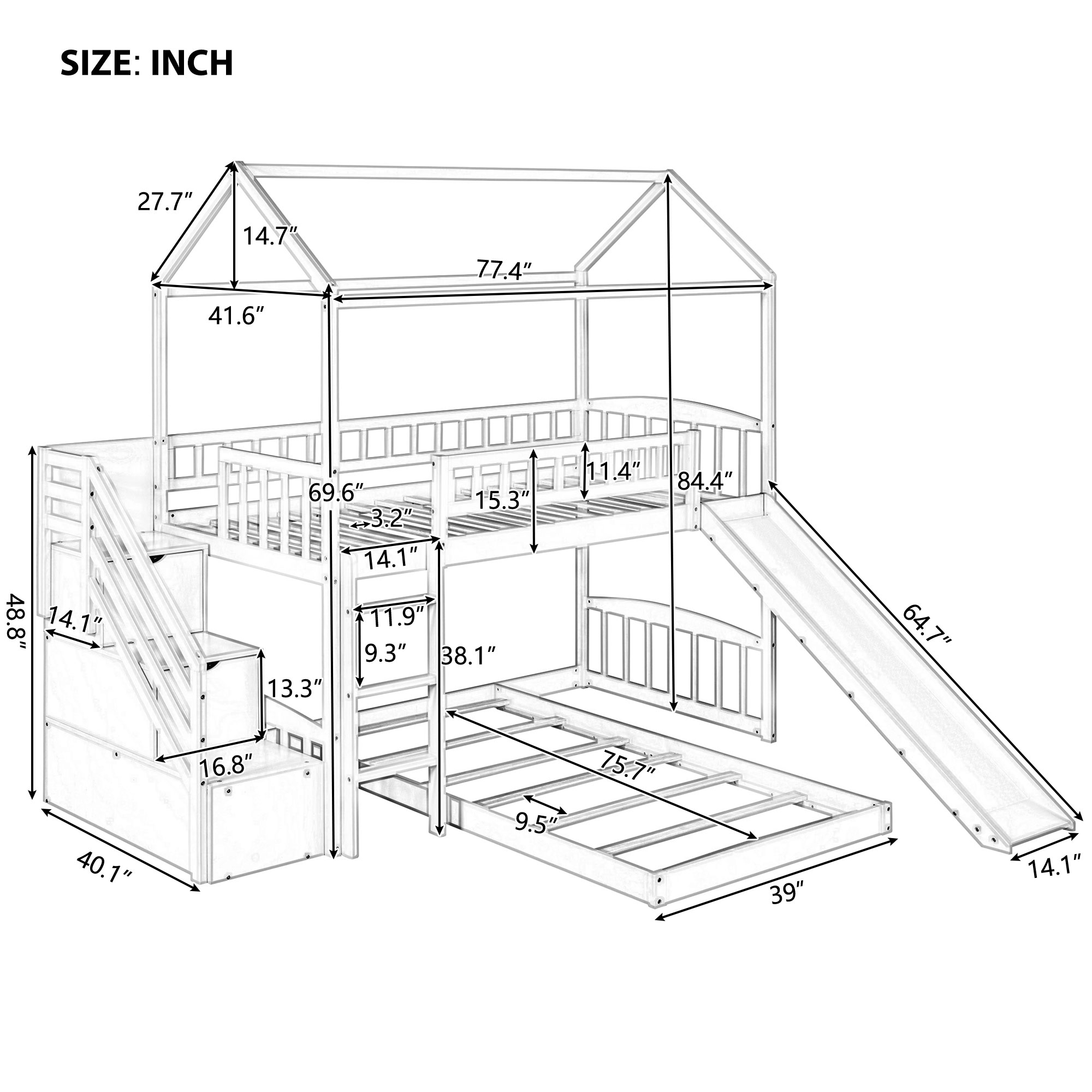 Twin Over Twin Bunk Bed with Two Drawers and Slide, House Bed with Slide, White(OLD SKU :LP000129AAK) - Atlantic Fine Furniture Melbourne FL