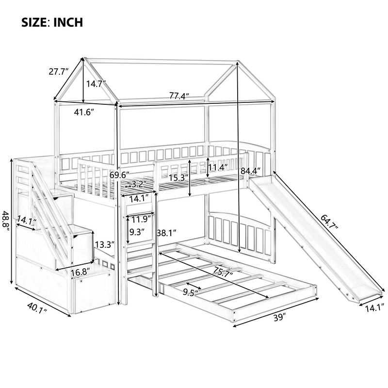 Twin Over Twin Bunk Bed with Two Drawers and Slide, House Bed with Slide, White(OLD SKU :LP000129AAK)