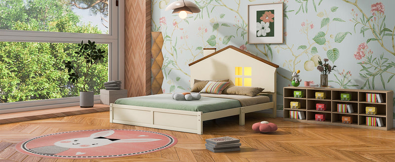 Full Size Wood Platform Bed with House-shaped Headboard and Built-in LED, Walnut+Milk White