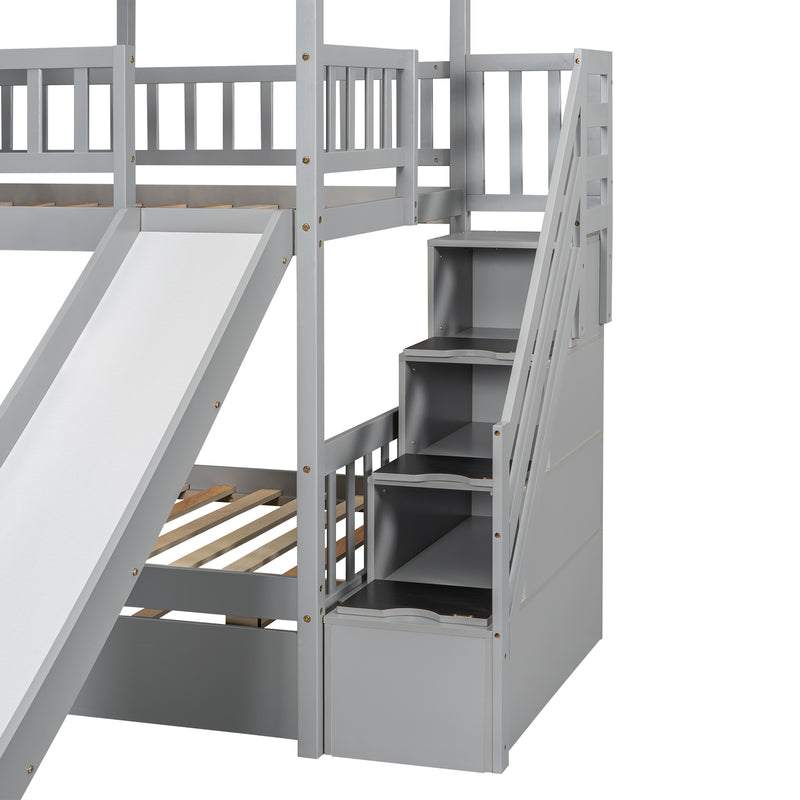 Twin over Twin House Bunk Bed with Trundle and Slide, Storage Staircase, Roof and Window Design, Gray(Old SKU: GX000931AAE)