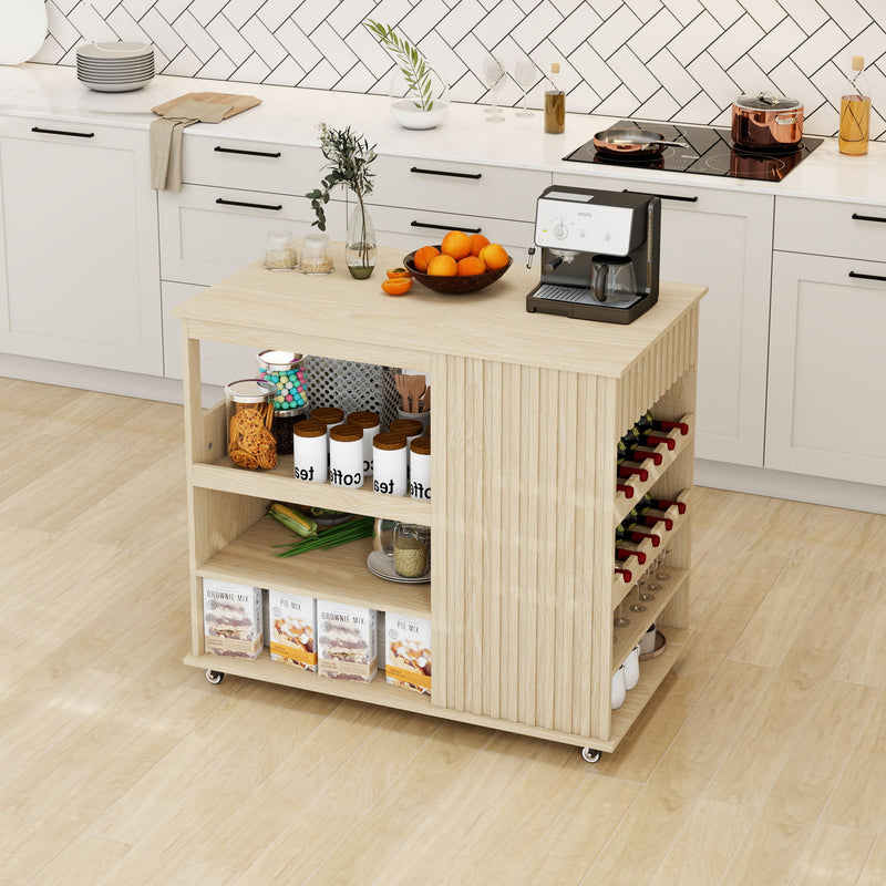 Kitchen Island Cart, Rolling Serving Utility Trolley Cart Modern Kitchen Island With Storage Drawer Wine Rack Lockable Casters, Kitchen Cart For Kitchen, Dining Room, Bar Living Room - Natural