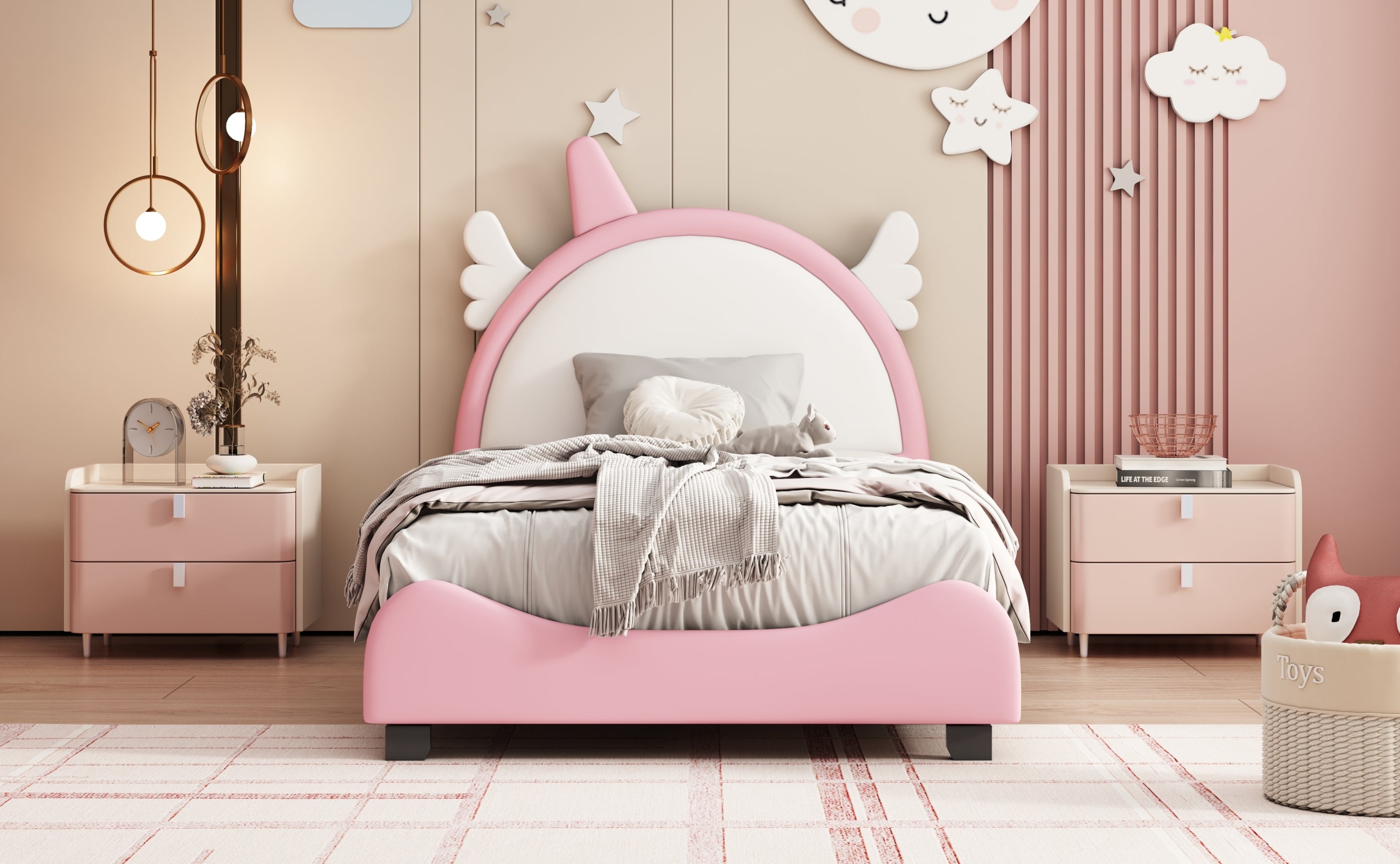 Cute Twin size Upholstered Bed With Unicorn Shape Headboard,Twin Size Platform Bed with Headboard and Footboard,White+Pink - Atlantic Fine Furniture Melbourne FL