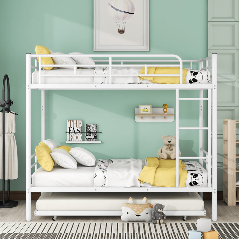 Full Over Full Metal Bunk Bed with Trundle, White