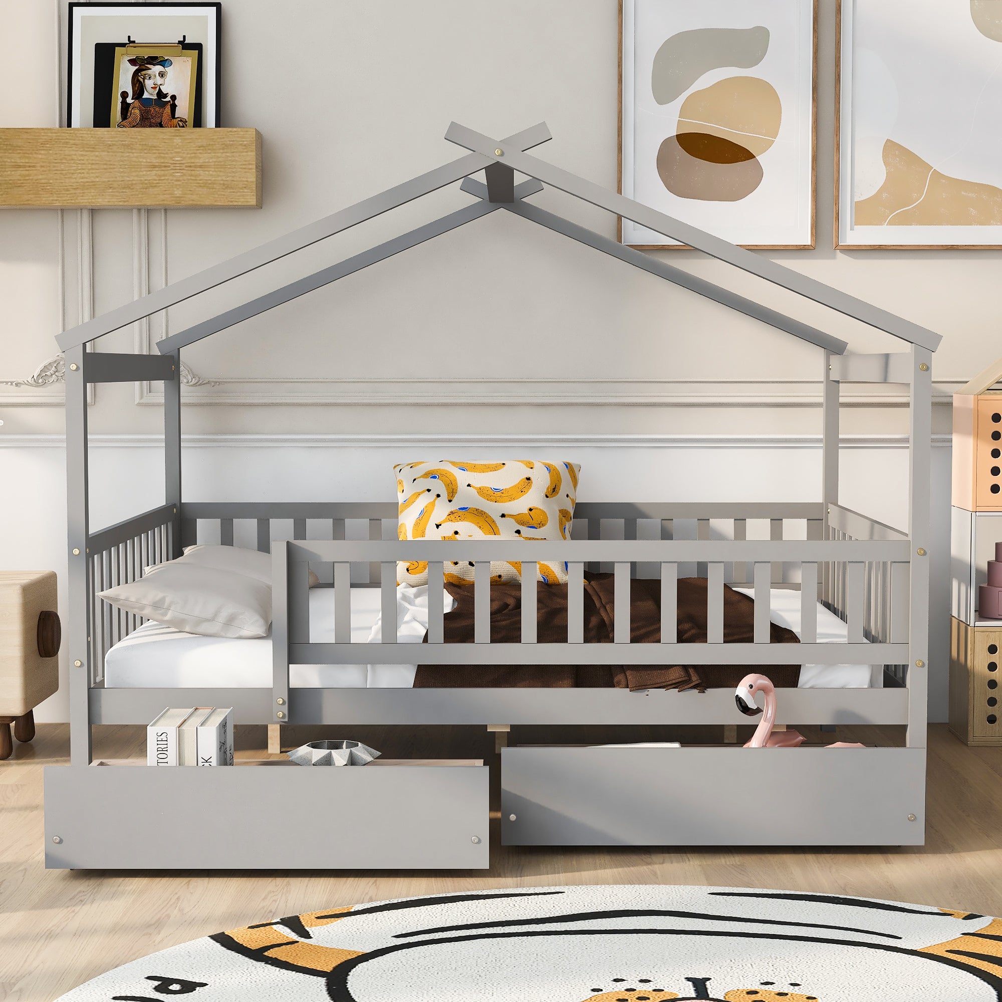 Full Size Wooden House Bed with Two Drawers,Gray - Atlantic Fine Furniture Melbourne FL
