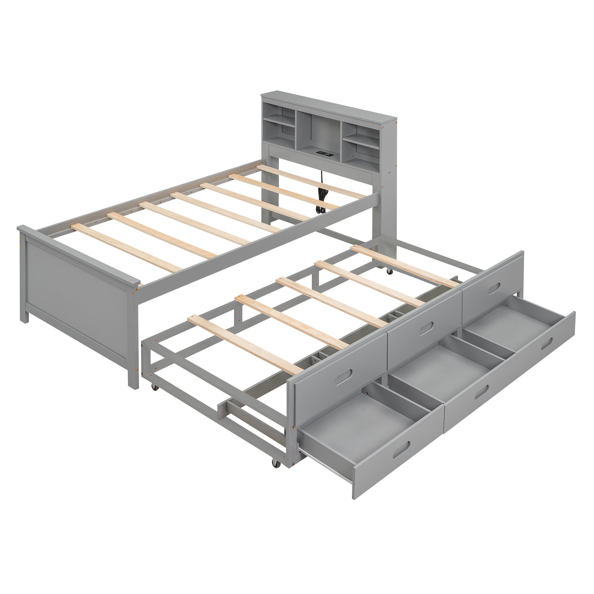 Twin Size Platform Bed with Storage Headboard, USB, Twin Size Trundle and 3 Drawers, Gray - Atlantic Fine Furniture Melbourne FL