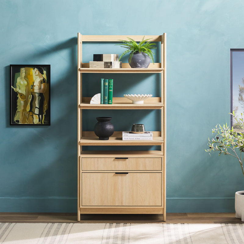 Transitional Wide Reeded Bookshelf With Drawers On Bottom - Oak