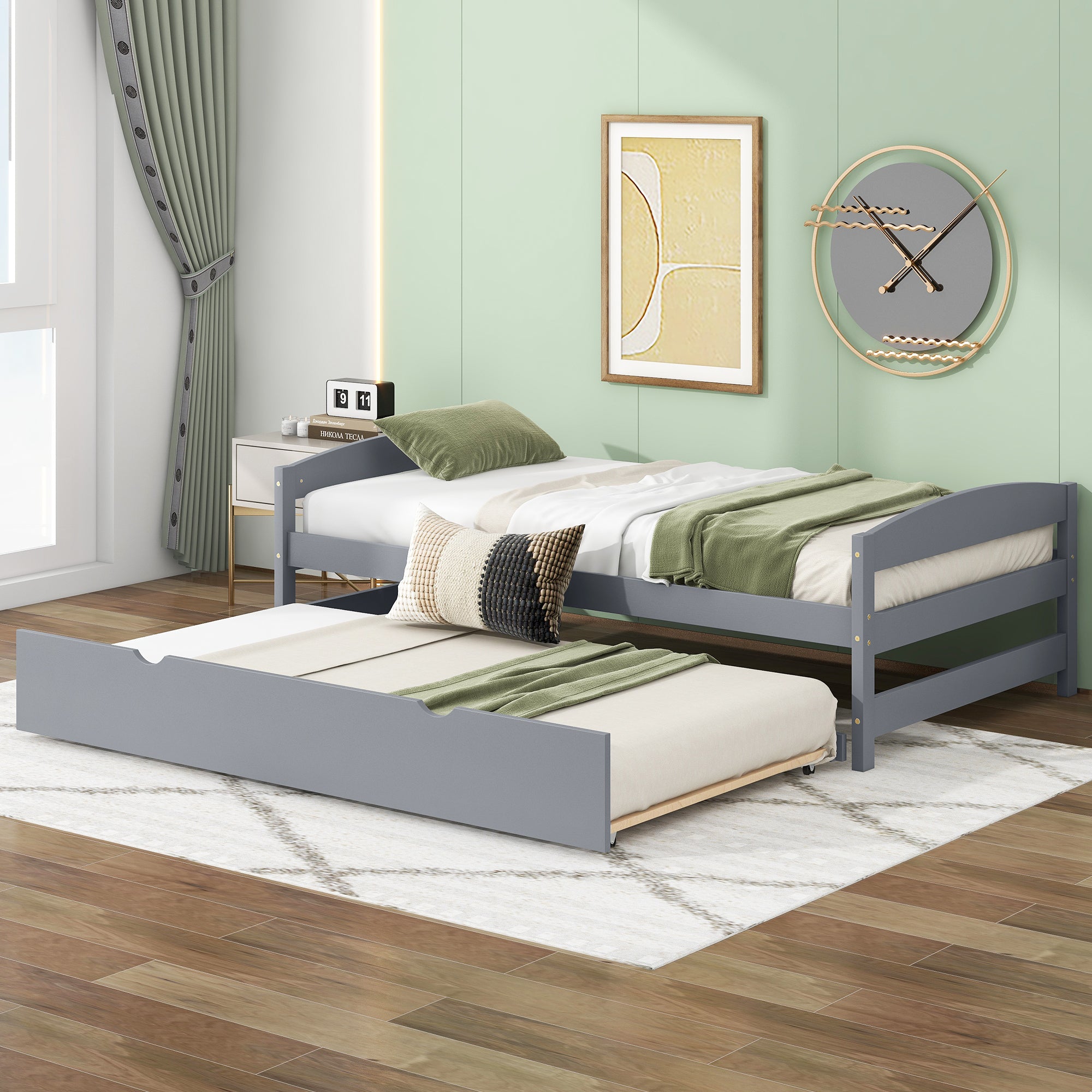 Twin Size Platform Bed with Twin Size Trundle, Gray - Atlantic Fine Furniture Melbourne FL