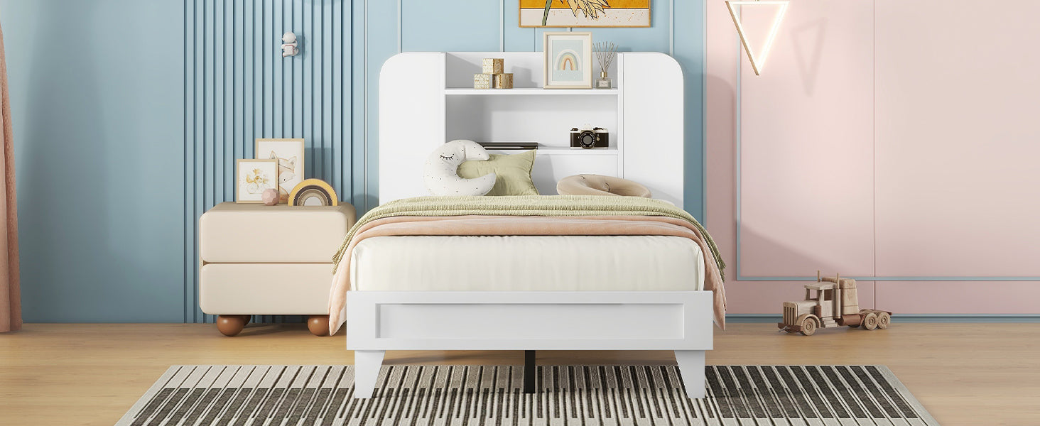 Twin Size Platform Bed with Storage Headboard,Multiple Storage Shelves on Both Sides,White - Atlantic Fine Furniture Melbourne FL