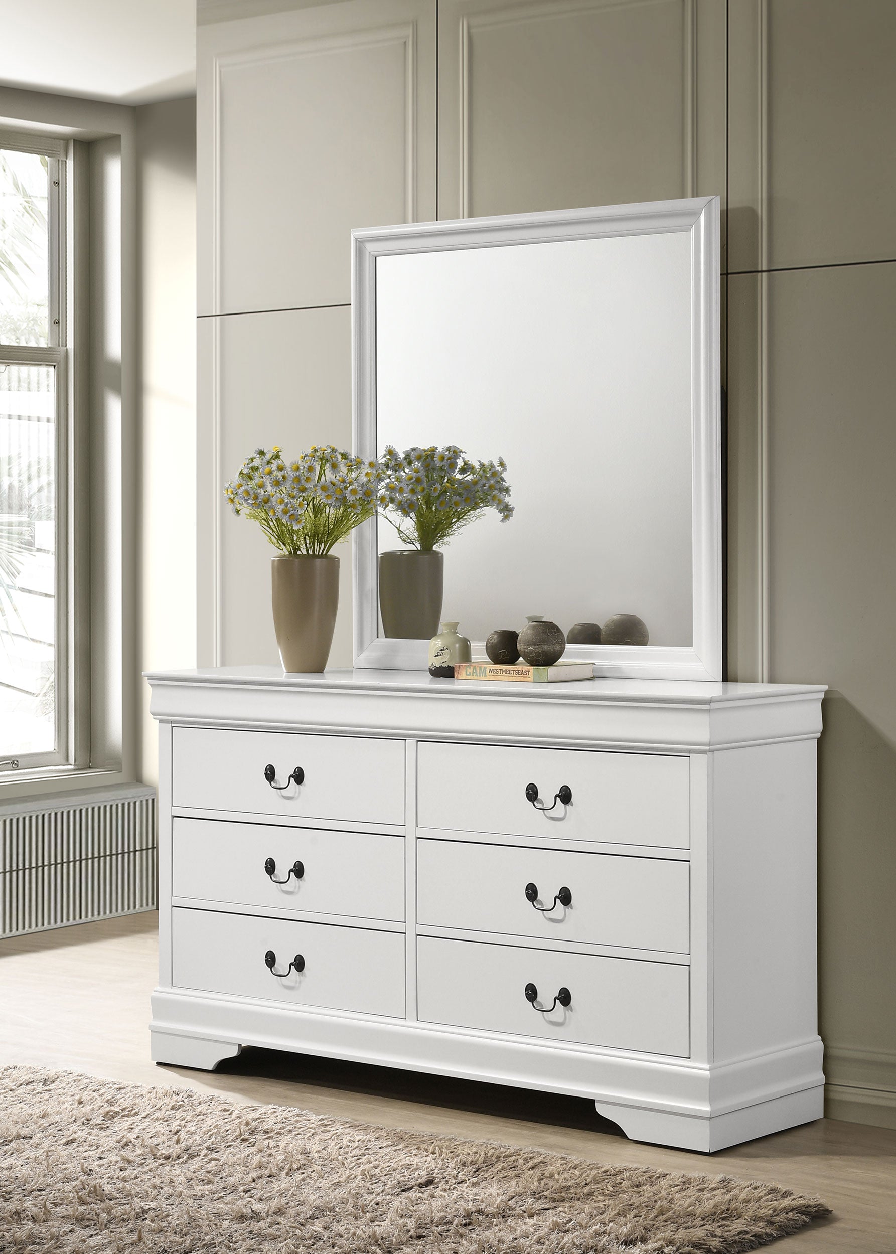 Louis Philippe 6-drawer Dresser and Mirror White — view 2