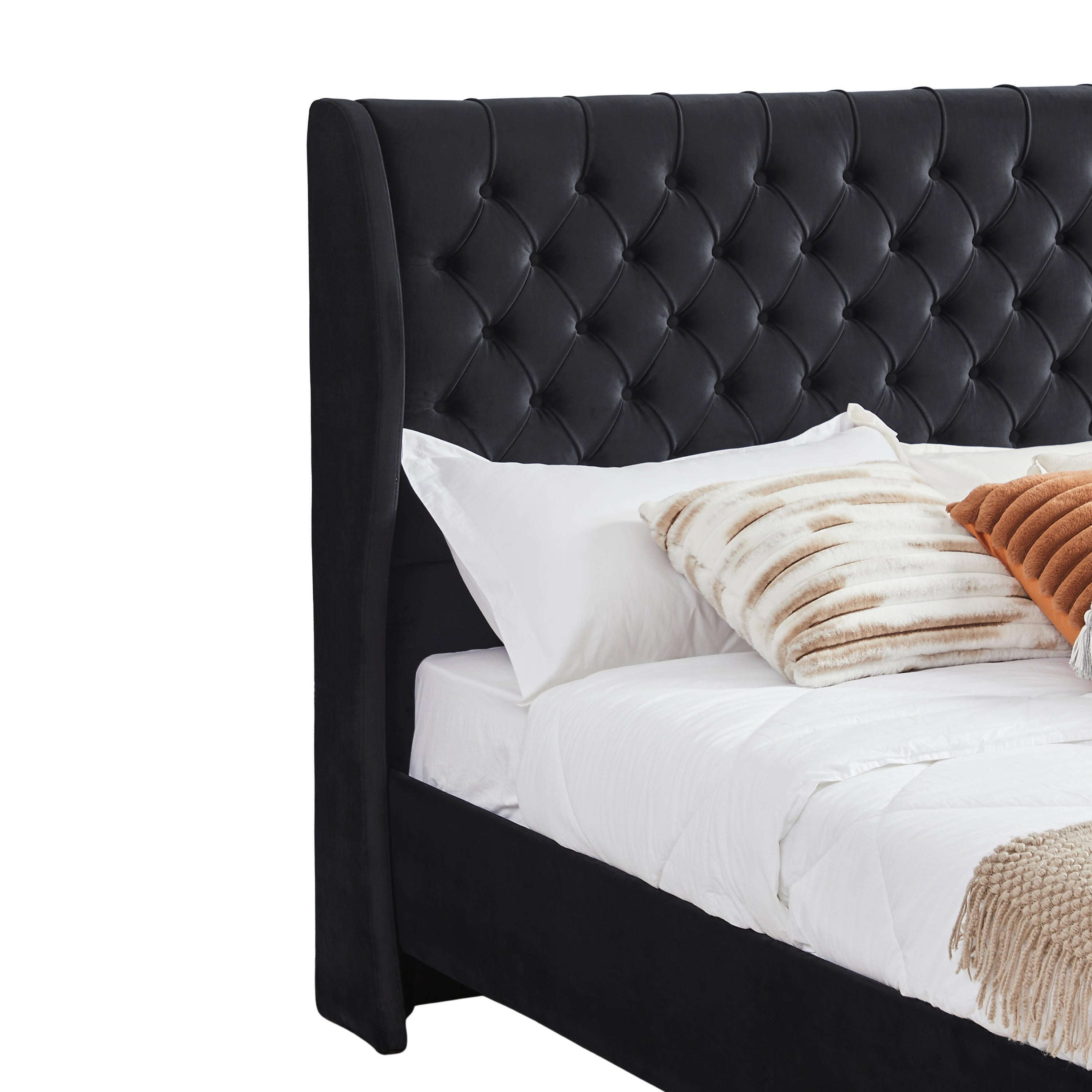 King Size Platform Bed Frame, Velvet Upholstered Sleigh Bed with Scroll Wingback Headboard & Footboard/Button Tufted/No Box Spring Required/Easy Assembly-Black - Atlantic Fine Furniture Melbourne FL