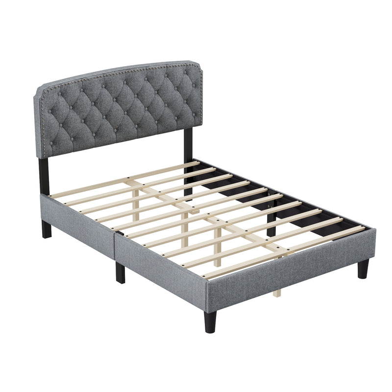 Full size Adjustable Headboard with Fine Linen Upholstery and Button Tufting for Bedroom,  Wave Top  Light Gray