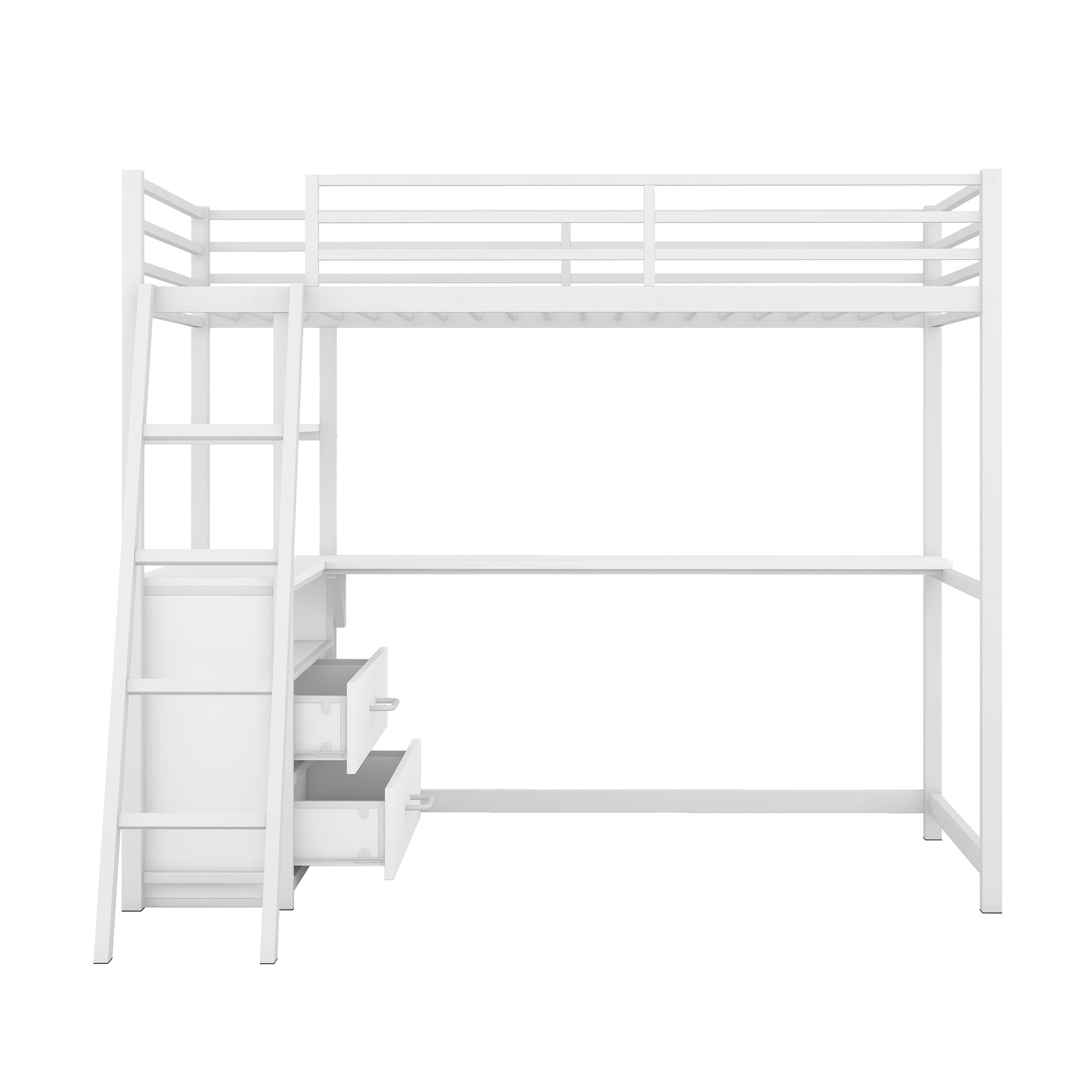 Twin Size Metal&Wood Loft Bed with Desk and Shelves, Two Built-in Drawers, White - Atlantic Fine Furniture Melbourne FL