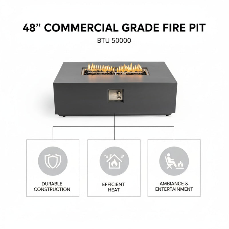 Volon - Rectangular Fire Pit Table, Propane Powered, 50,000 BTU - Light Gray
