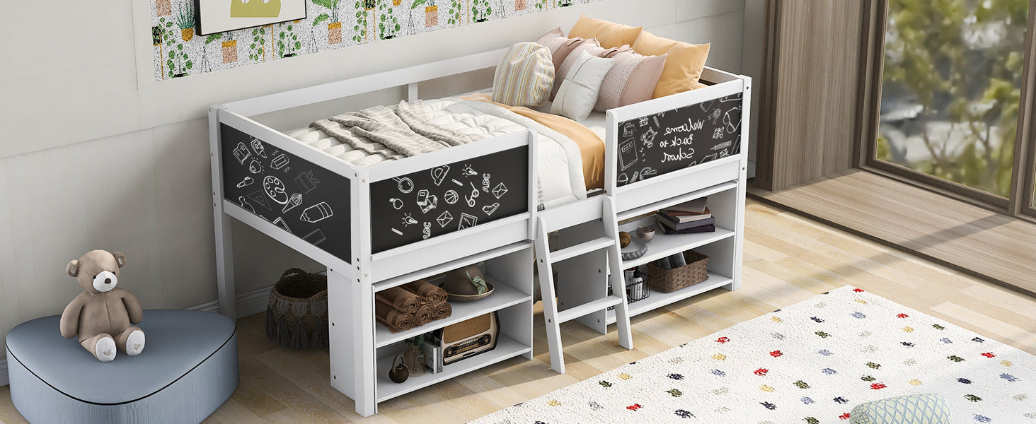 Twin Size Low Loft Bed with Two Movable Shelves and Ladder,with Decorative Guardrail Chalkboard,White(Old SKU: WF283286AAK) - Atlantic Fine Furniture Melbourne FL