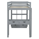 Full Size Loft Bed with large shelves, writing desk and LED Light, Gray