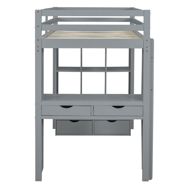 Full Size Loft Bed with large shelves, writing desk and LED Light, Gray