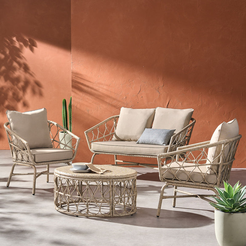 Bruce - Boho Inspired 4 Pieces Chat Set With Water Resistant Cushions - Brown