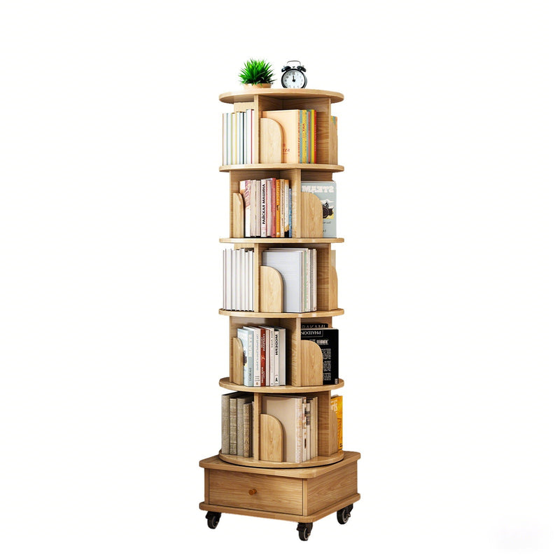 6 Tier Rotating Bookshelf With Wheels And Drawer, 360° Spinning Design, Space Saving Storage, For Home - Wood