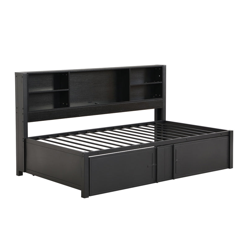 Industrial Metal Daybed With Trundle, Storage Shelves, USB Ports