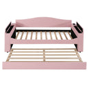 Twin Size Upholstered Daybed with Storage Armrests, Trundle and Latest Integrated Bluetooth Audio System, Teddy Fleece, Pink
