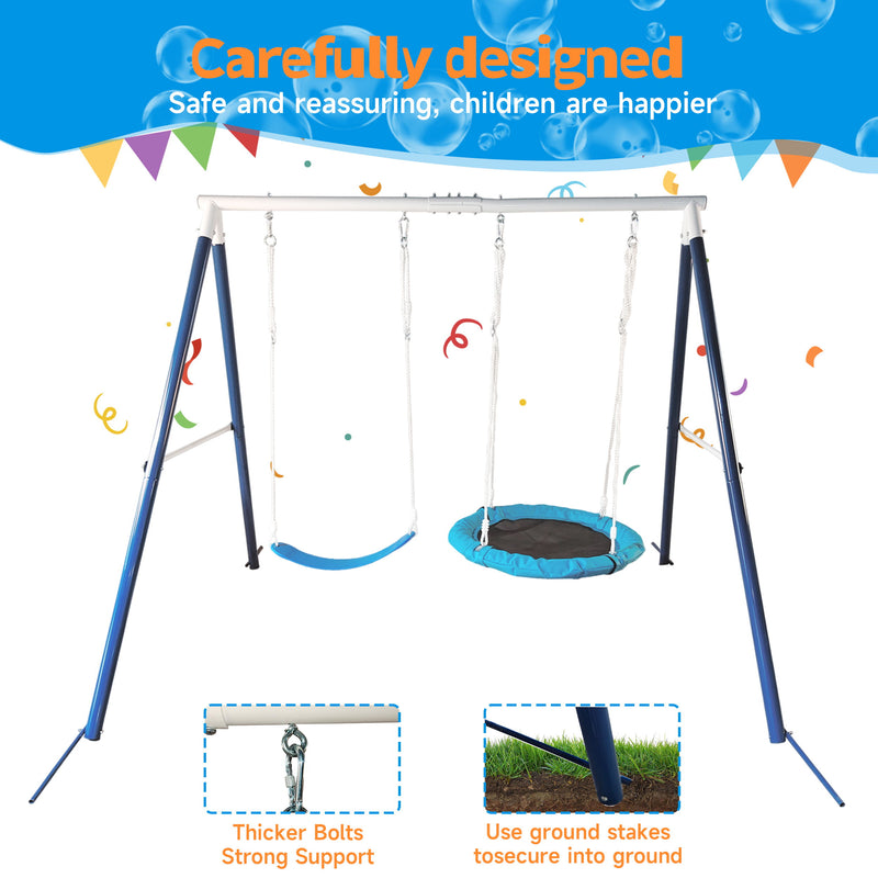 Kids Metal Swing Set For Backyard Outdoor Playground Two Functional Swing Set For Kids Outdoor Equipment - Antique Blue