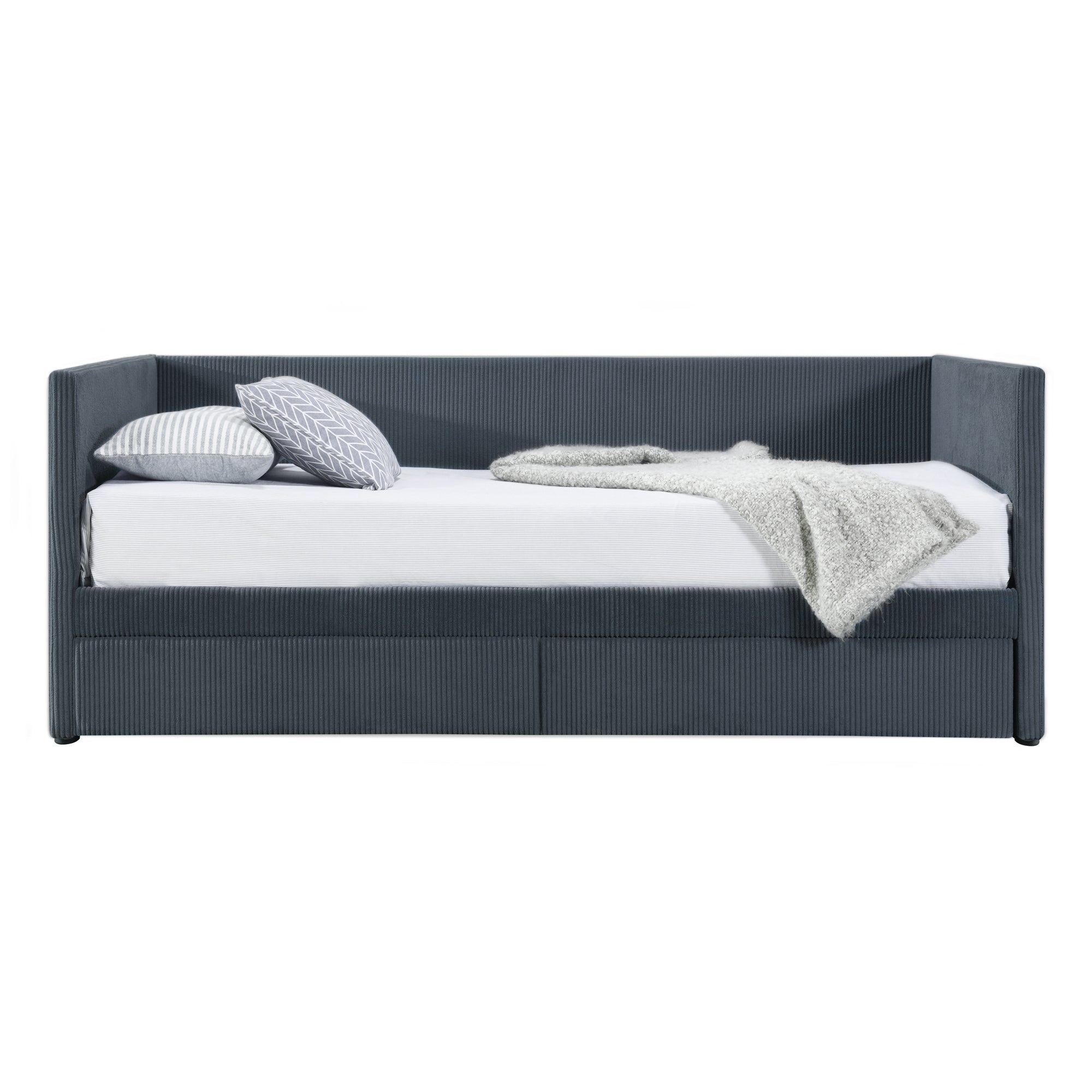 Twin Size Corduroy Daybed with Two Drawers and Wood Slat, Gray - Atlantic Fine Furniture Melbourne FL
