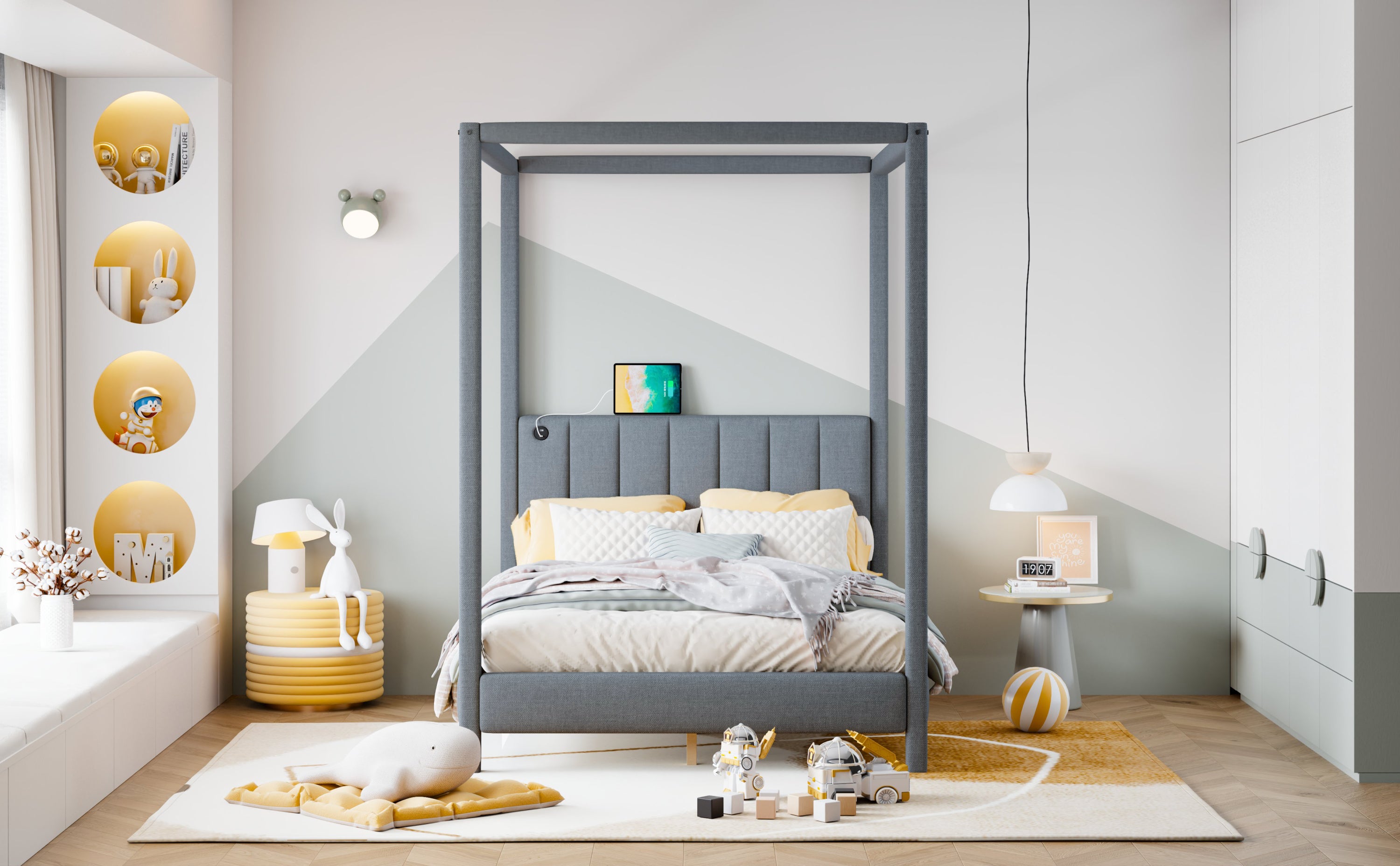 Full Size Canopy Platform Bed with USB and Type-C Ports, Canvas, Gray - Atlantic Fine Furniture Melbourne FL