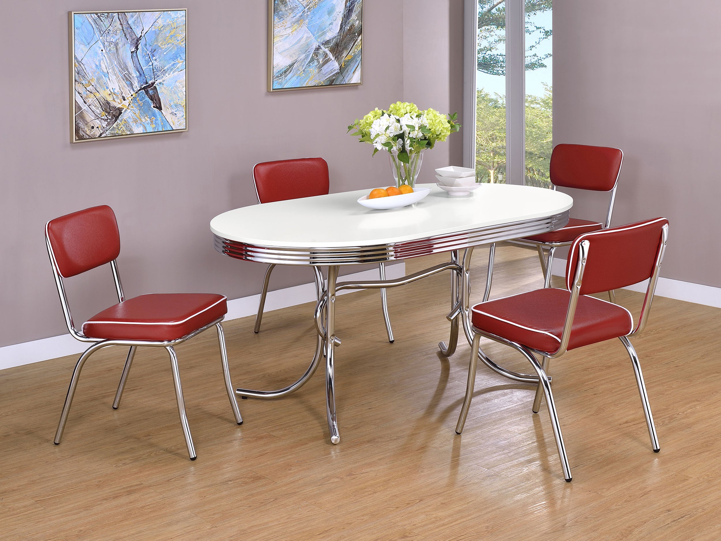 Retro 5-piece Oval Dining Table Set White and Red — view 1