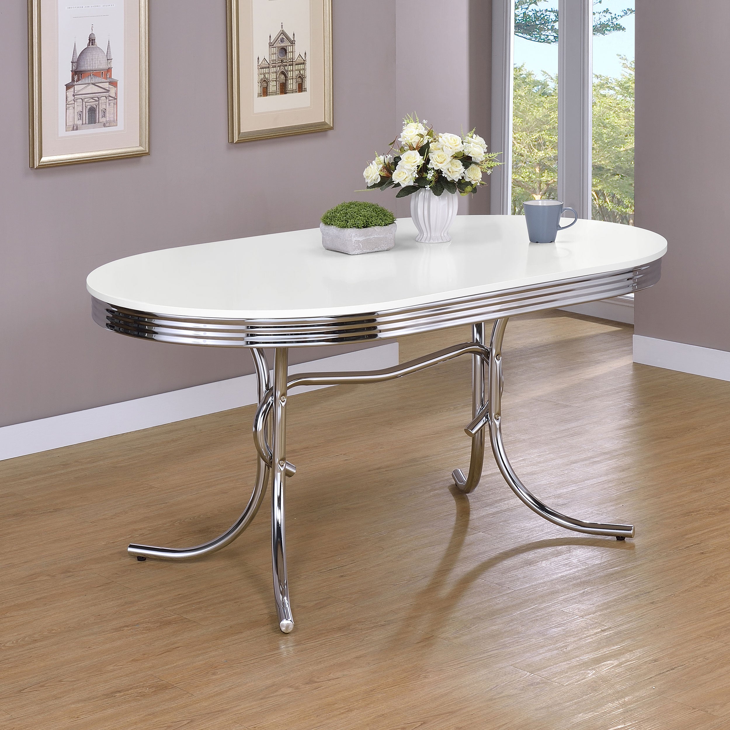 Retro Oval 60-inch Wood Top Dining Table White and Chrome — view 2