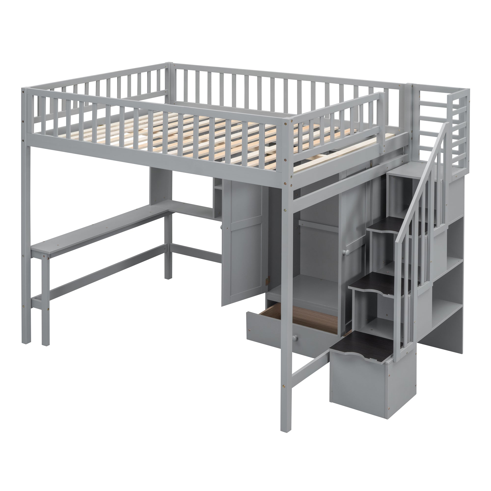 Full size Loft Bed with Bookshelf,Drawers,Desk,and Wardrobe-Gray - Atlantic Fine Furniture Melbourne FL