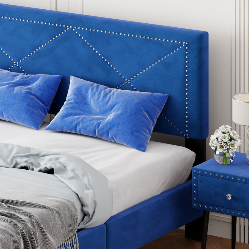 Simple Queen Size Upholstered Bed Frame with Rivet Design, Modern Velvet Platform Bed with headboard, Blue