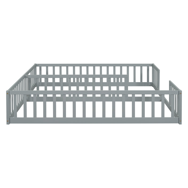 Double Twin Floor Bed with Fence, Guardrails, without door, Grey