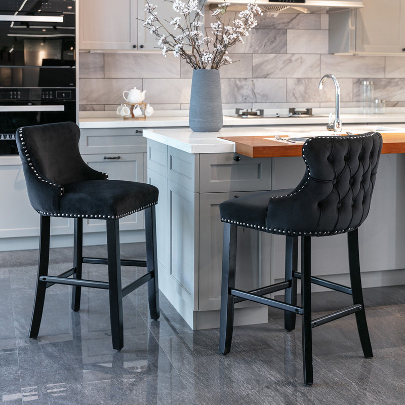 Contemporary Velvet Upholstered Wing-Back Barstools With Button Tufted Decoration And Wooden Legs, And Chrome Nailhead Trim, Leisure Style Bar Chairs, Bar Stools (Set of 2)