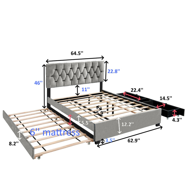 GRAY QUEEN SIZE TRUNDLE PULL OUT DRAWERS STORAGE UPHOLSTERED BED MODERN  DESIGN NO BOX SPRING REQUIRED