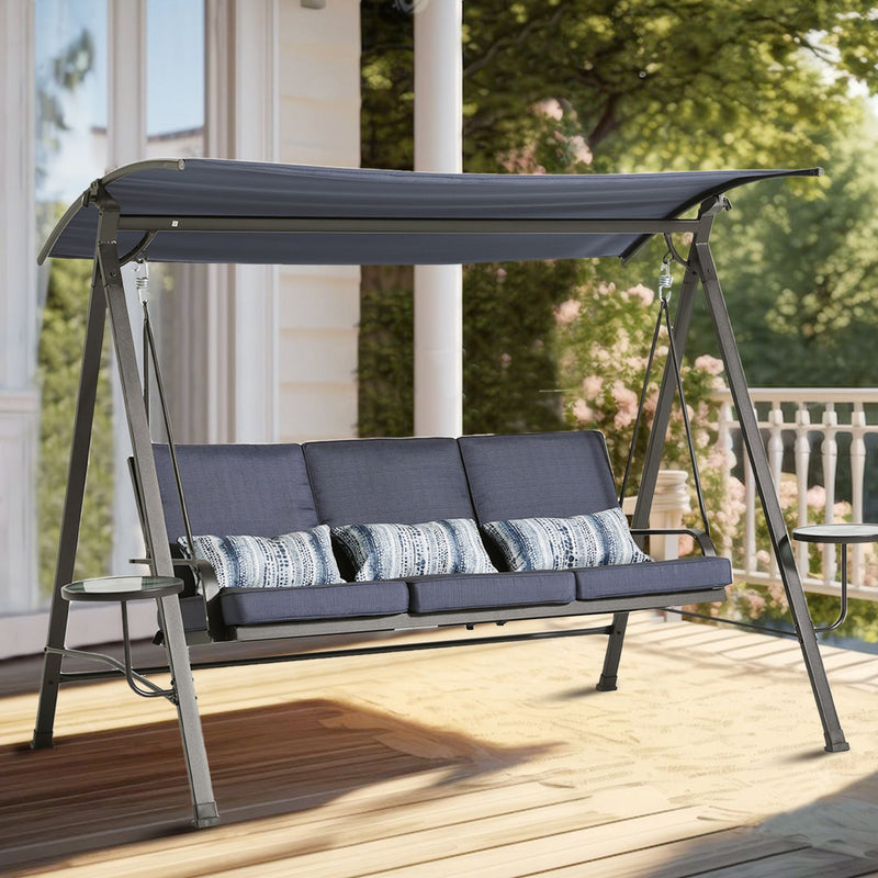 Steel 3 Seater Swing Porch Swing With Canopy - Blue