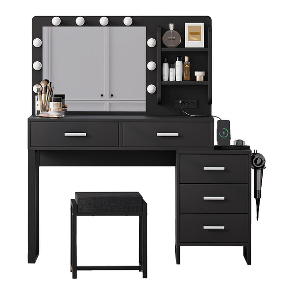 Vanity Desk With Lights, Makeup Vanity Set With Charging Station, Dressing Table With 5 Drawers And Cabinet, Vanity Mirror 3 Lighting Color Adjustable - Black