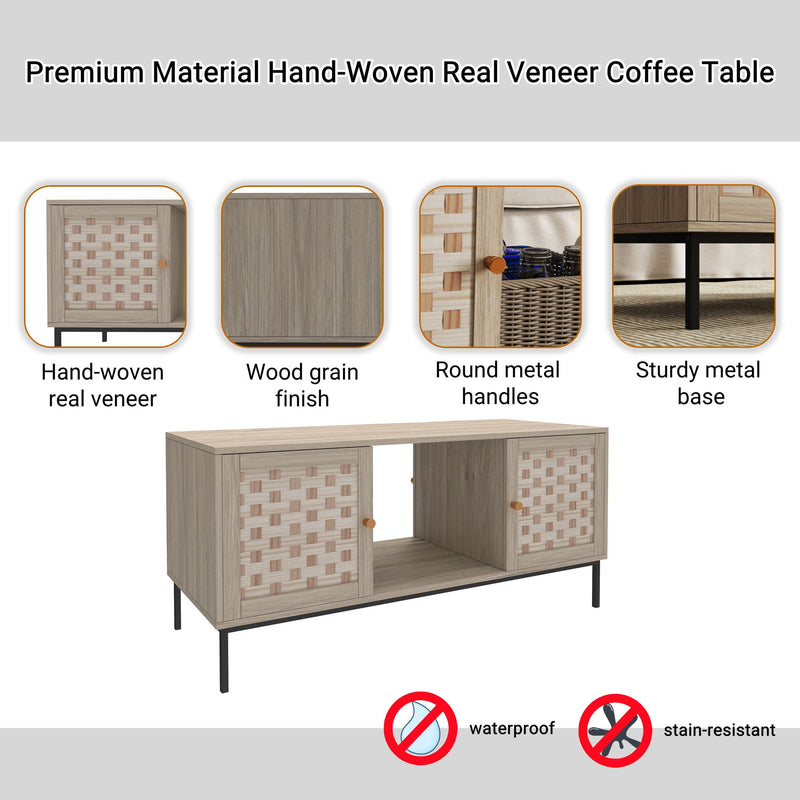 Elegant Veener Weaving Design Coffee Table With 4 Sliding Doors - Natural Wood