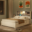 Platform Bed With Bookcase Headboard, Built-In Downlight, Charging Station, And 2 Side Drawers