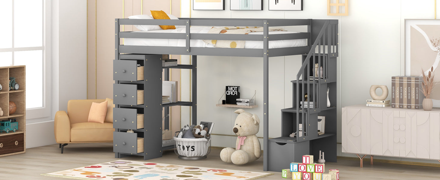Twin size Loft Bed with Storage Drawers and Stairs, Wooden Loft Bed with Shelves - Gray - Atlantic Fine Furniture Melbourne FL