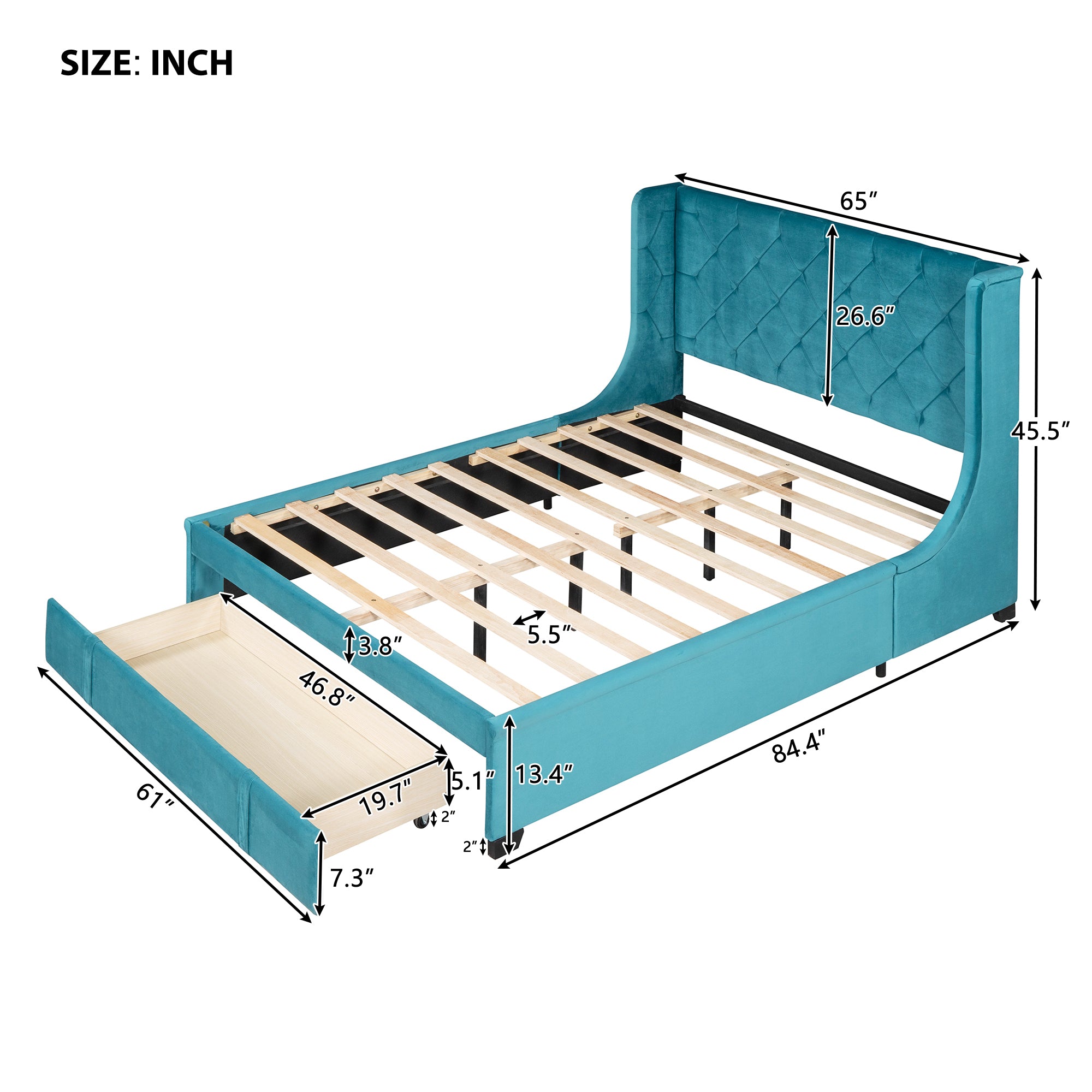 Queen Size Storage Bed Velvet Upholstered Platform Bed with Wingback Headboard and a Big Drawer (Blue) - Atlantic Fine Furniture Melbourne FL